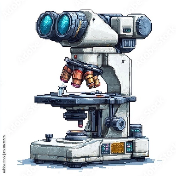 Obraz A digital illustration showcases a retro pixelated microscope. The microscope is white with various lenses and knobs. A small vial sits on the stage, ready for examination