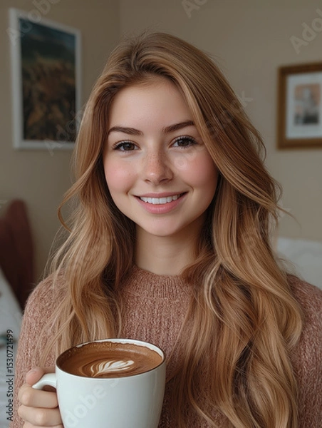 Obraz Young woman enjoys warm drink in cozy setting during winter