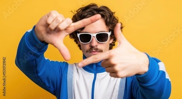 Obraz A man with curly hair and a mustache wearing sunglasses makes a frame with his hands on a yellow background