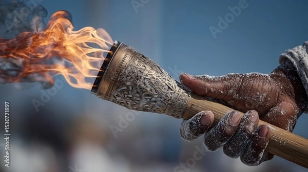 Fototapeta Flame dances atop ornate torch held in snowy landscape during winter celebration in early morning light