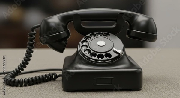 Obraz A close up shot of an old fashioned black rotary dial telephone sitting on a beige surface indoors