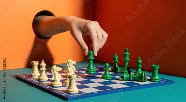 Obraz A hand emerging from a hole in an orange wall moving a green chess piece on a blue and white board