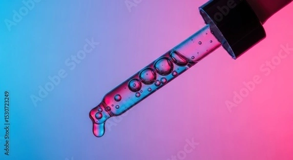 Obraz Close up of a dropper filled with liquid and bubbles against a gradient pink and blue background