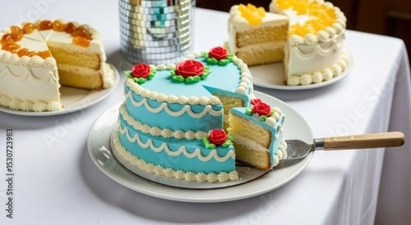 Obraz A view of three cakes on plates, one blue with roses, one with orange slices, and a disco ball behind