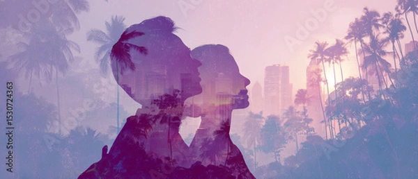 Fototapeta pair of holiday makers profiles looking in the same direction; tropical paradise scenery with palm trees; vibrant violet aesthetic; concept of choice: nature or urban travelling
