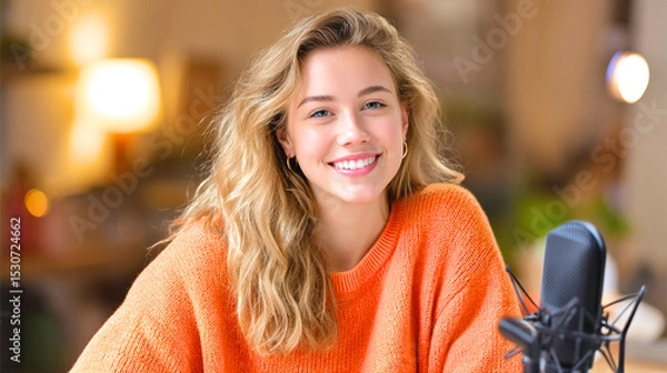 Obraz Joyful content creator engaged in creative expression in a cozy digital workspace during daylight hours