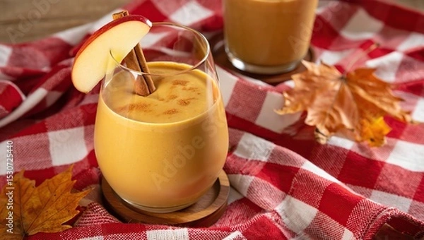 Obraz Fall smoothie blends pumpkin, cinnamon, and apple, surrounded by dried leaves, flannel cloth, and warm, inviting autumn light tones.