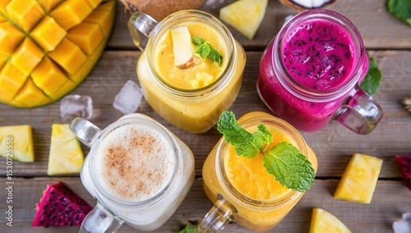 Obraz Wooden table filled with colorful tropical smoothies in mason jars, including mango, pineapple, dragon fruit, and coconut, with fresh fruit and mint garnish.