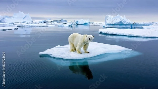 Obraz Lone polar bear stands on a melting ice floe beneath a gray sky, surrounded by drifting icebergs, symbolizing wildlife threatened by climate change.