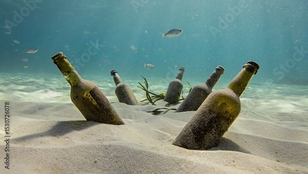 Obraz Underwater scene with rusted glass bottles floating amid ocean pollution—a stark reminder of plastic waste harming marine life.