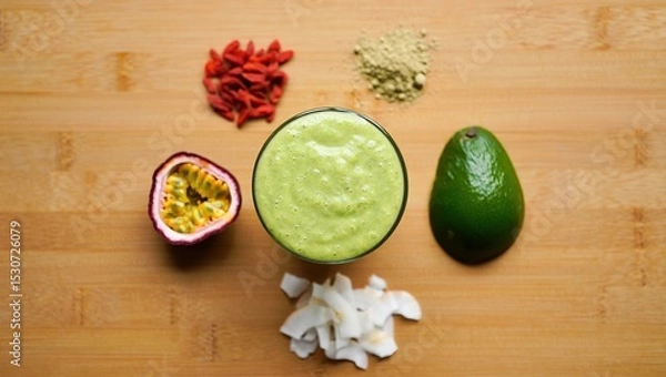 Obraz Smoothie on table surrounded by passionfruit, goji berries, maca powder, coconut flakes, and avocado, styled with vibrant, fresh superfood ingredients.