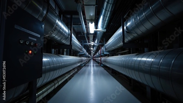 Obraz Polished concrete corridor lined with massive metal pipes, ducts, and control panels—showcasing a sleek, industrial interior design.