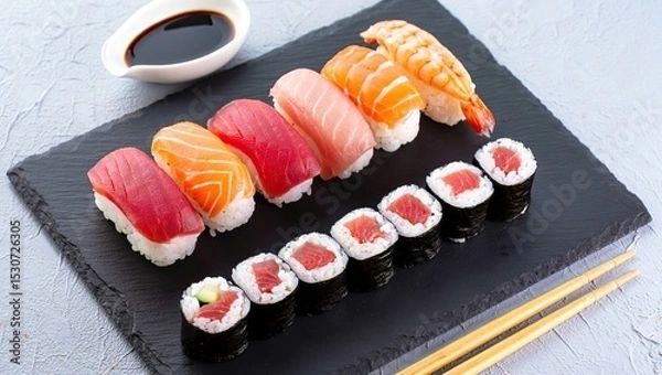 Obraz Assorted sushi platter with colorful nigiri and maki rolls artfully arranged on a black stone plate, served with soy sauce and chopsticks.