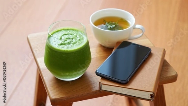 Obraz Smoothie beside a turned-off phone, journal, and herbal tea on a wooden table—symbolizing digital detox, mindfulness, and holistic wellness.