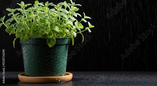 Obraz A potted plant with green leaves sits in the rain against a dark background with water droplets on it