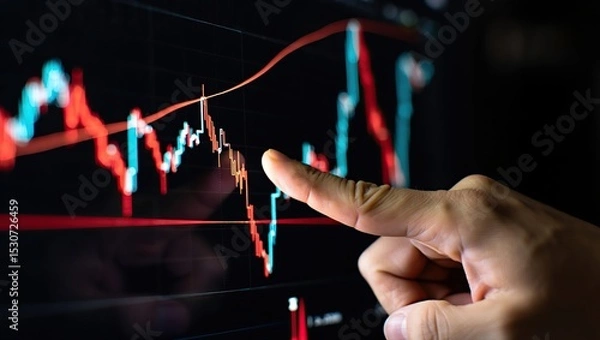 Obraz Close-up of hand indicating glowing red and blue lines on a digital stock chart, emphasizing financial data and market movement.