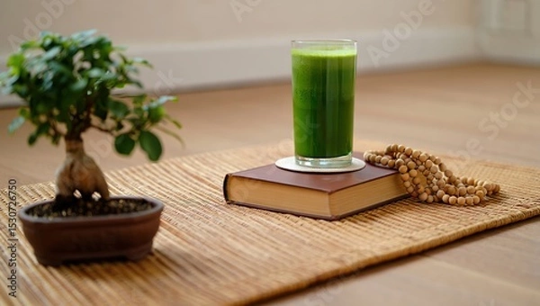 Obraz Peaceful zen scene with bamboo mat, bonsai tree, green smoothie, meditation beads, and a book—perfect for mindful relaxation and balance.