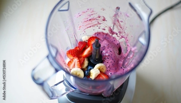 Obraz Mid-blend shot of a clear blender jug swirling vibrant fruits into a colorful smoothie; spinning blades blur with dynamic energy.