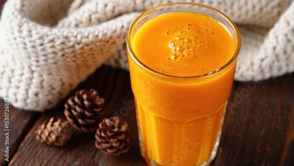 Obraz Bright orange citrus smoothie spiced with cinnamon and turmeric sits amid pine cones and a cozy knitted scarf in a warm, wintery setup.