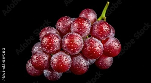 Obraz A close up of a bunch of red grapes covered in water droplets against a black background studio shot