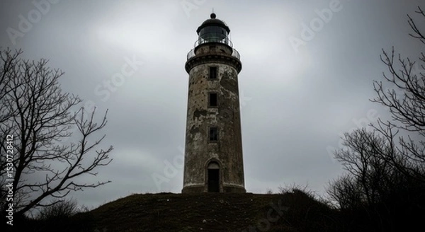 Obraz A weathered lighthouse stands tall against a cloudy sky surrounded by bare trees in a desolate landscape
