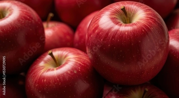 Obraz A close up shot showcasing a pile of vibrant red apples with visible stems and glossy surfaces nicely lit