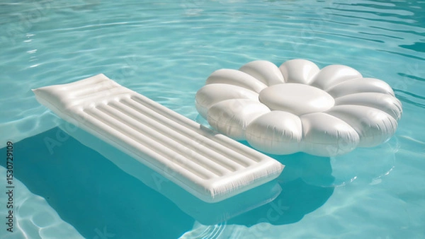 Obraz Summer vacation, leisure time, travel, tourism concept. White inflatable  mattress and flower-shaped float  arranged in crystal-clear turquoise water.	