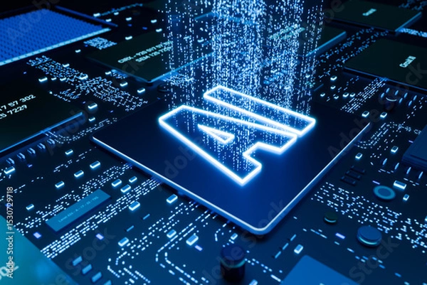 Fototapeta AI artificial intellignece processor on a motherboard, big data, machine learning. Futuristic, innovation, integrated, digital processes, data exchange, binary, connected. 3D illustration