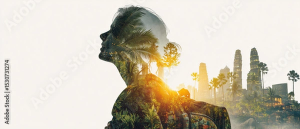 Obraz profile of young, unrecognizable holiday maker girl with backpack looking up with hope & enthusiasm; tropical heaven scenery in her head; copy space