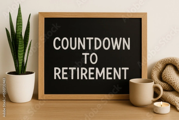 Fototapeta Countdown to retirement message on blackboard with plant, cup, candle, and cozy blanket creating warm and inviting atmosphere for retirement party celebration