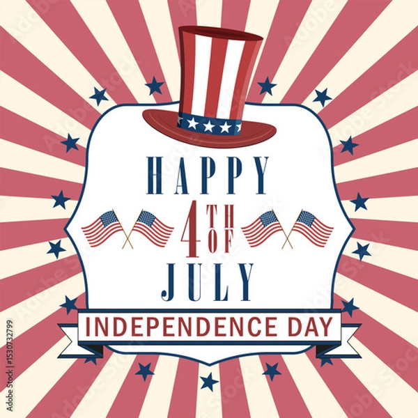 Fototapeta Happy 4th of July background with US national flag, fireworks and stars. USA Independence Day background. Vector illustration.