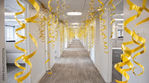 Fototapeta Long office hallway decorated with yellow streamers for retirement party creating festive and joyful atmosphere in modern workplace setting