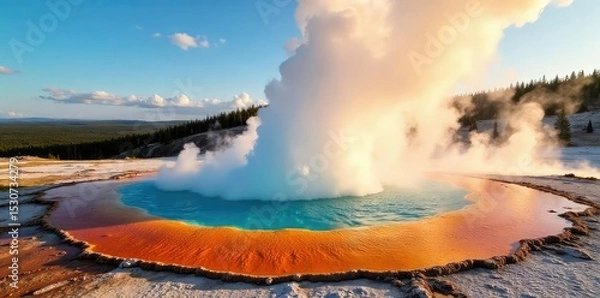 Fototapeta Spectacular eruption of Old Faithful geyser in Yellowstone National Park, hot water, steam, and mineral deposits A stunning display of geothermal power , wilderness, phenomenon, park