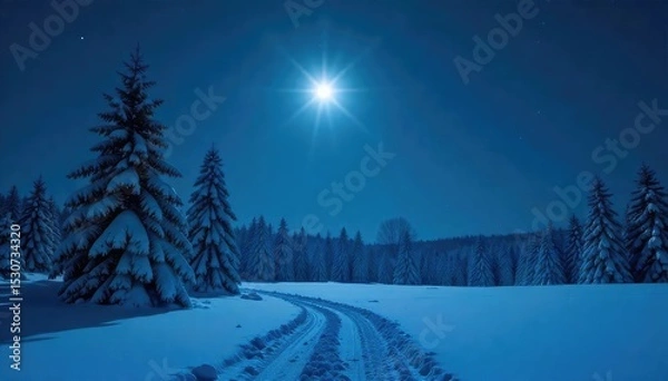 Fototapeta Stark winter landscape at night, snow-covered trees silhouetted against a dark sky, moonlit scene, cold, serene, peaceful, mysterious , branches, dark, frost covered