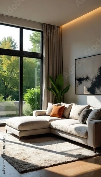 Fototapeta Stylish modern living room with large windows, comfortable sofa, and minimalist decor Natural light floods the space, highlighting the elegant design details and textures , interior design, wood