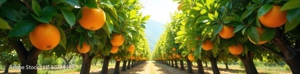 Fototapeta Sun-drenched grove of orange trees, vibrant citrus fruits hanging heavy on branches, lush green foliage, dappled sunlight filtering through leaves, peaceful idyllic scene , food, autumn, scenery