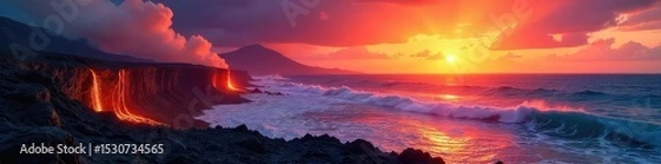 Fototapeta Sun-drenched volcanic landscape, glowing lava flows meeting the ocean under a vibrant summer sky Perfect for travel, nature, and geology-themed projects , red, energy