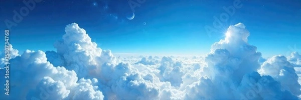 Fototapeta Timelapse of fluffy white clouds streaming across a vibrant blue sky, creating a mesmerizing celestial river Perfect for weather, nature, and atmospheric backgrounds , stream, timelapse, day