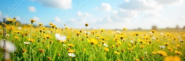 Fototapeta Vast, open field of wildflowers swaying gently in the breeze under a bright summer sky Perfect for nature documentaries, travel brochures, or calming backgrounds , flowers, high resolution