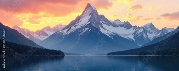Fototapeta Vast, snow-capped mountain range rising majestically above a tranquil lake, bathed in the golden light of sunrise A breathtaking display of nature's raw power and beauty , outdoor, tranquil, sunrise