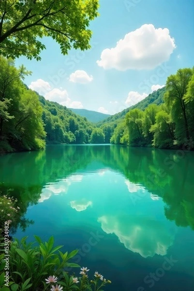 Fototapeta Vibrant green hues of a tranquil lake, reflecting lush foliage and a clear sky Perfect for nature, serenity, and environmental themes , quiet, color, leaves