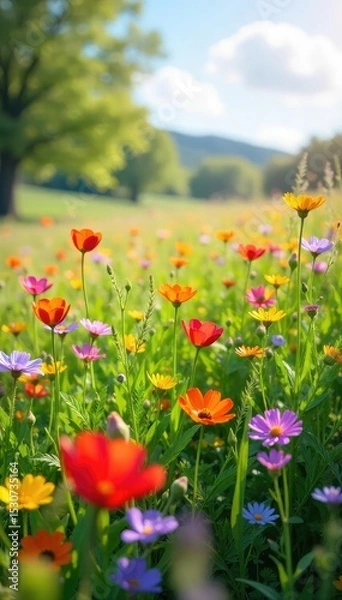 Fototapeta Vibrant wildflowers bloom in a sun-drenched meadow, creating a breathtaking display of color and natural beauty Perfect for nature, environmental, and springtime themes , pretty, sunshine, day