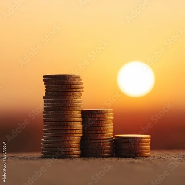 Obraz Coins stacking higher as sun rises in background, Financial independence