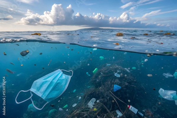 Fototapeta Plastic waste and trash on ocean and seashore showing marine pollution and environmental damage. A common issue affecting oceans and marine ecosystems worldwide.