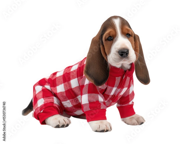 Fototapeta Basset hound puppy wearing red and white checkered pajamas sitting and looking forward with calm expression on transparent background