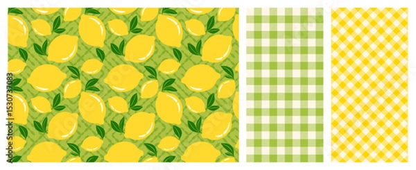 Obraz Set of Lemon themed designs, Fresh yellow Lemons with Leaves Seamless Vector Pattern and Gingham Pattern Background, Perfect for textiles, wallpapers, packaging, and summer design themes.