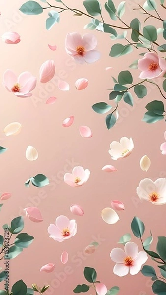 Fototapeta Floating soft petals and leaves, pastel background
