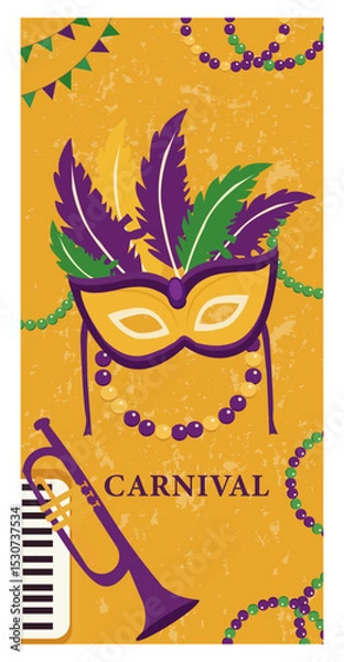 Obraz Playful Mardi Gras Illustration with Masks, Feathers, and Beads-01