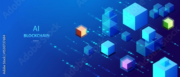 Fototapeta Blockchain ai isometric concept. Cryptocurrency and blockchain connected cube blocks banner. Big data Ai chain technology background. Data transmission crypto operations vector.
