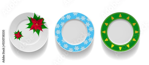 Fototapeta Set of realistic table plates, top view. Isolated round plates with Christmas patterns. Vector objects